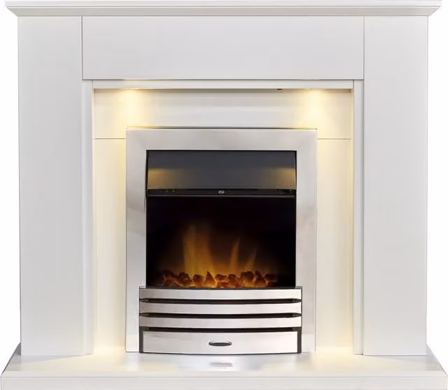 Adam Eltham Electric Fireplace with White Downlights in Chrome