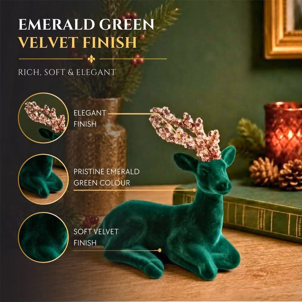 Shatchi Emerald Green Velvet Sitting Deer Christmas Reindeer Ornament, Height: 19 cm – 3