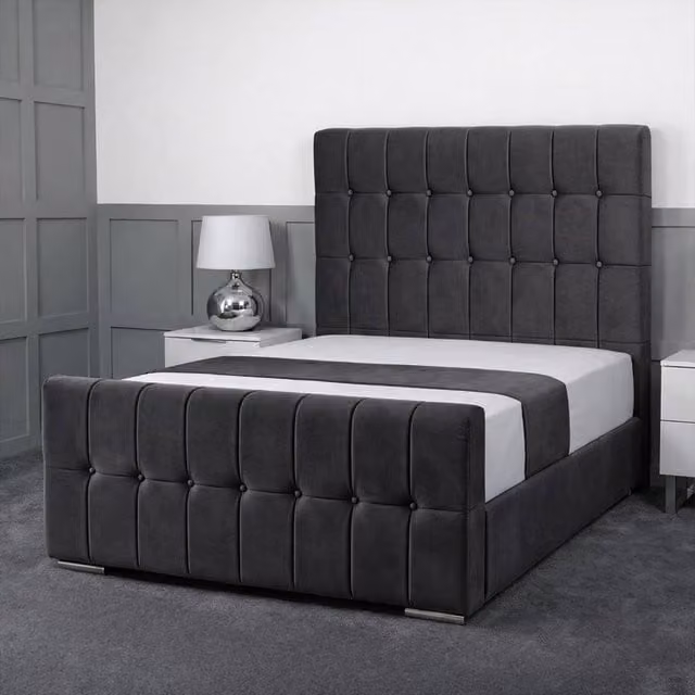 Living Comfort Bedz Belmont King Size Plush Velvet Upholstered Bed with Slatted Base and 48 Inch Headboard in Charcoal Grey