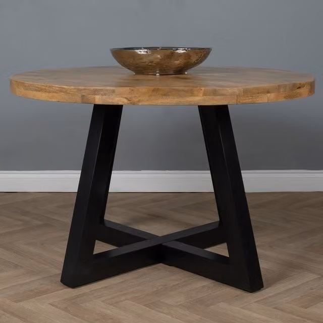 Elm Home and Garden Round Mango Wood Kitchen Dining Table in Brown with Industrial X-Frame