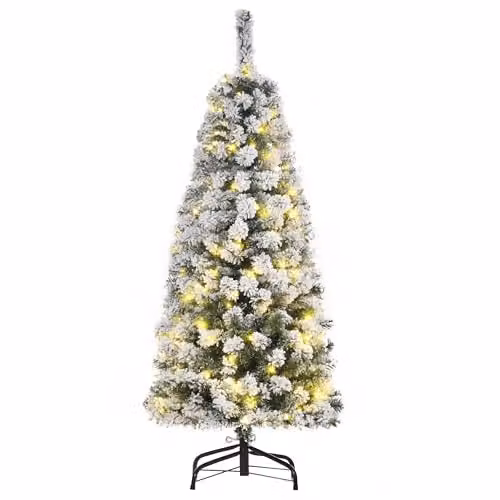 HOMCOM 4ft Prelit Artificial Snow Flocked Christmas Tree in Green and White