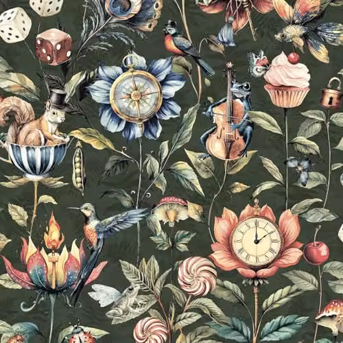 Holden Decor Curious Creatures Eclectic Hand-Drawn Style Animals and Objects Wallpaper in Emerald Green 13921