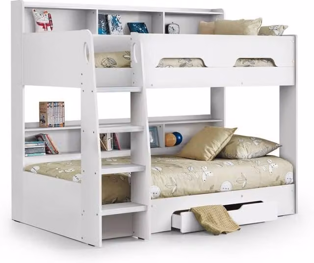 Cheshire Ironwood Modern Two-Level Bunkbed with Stairs and Bedside Shelf, White, W/D/H: 90 x 200 cm – 1