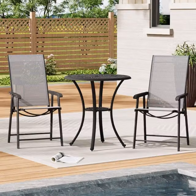 Livingandhome Black Powder Coated Aluminium Round Patio Dining Set with 2 Folding Chairs, Diameter: 60 cm