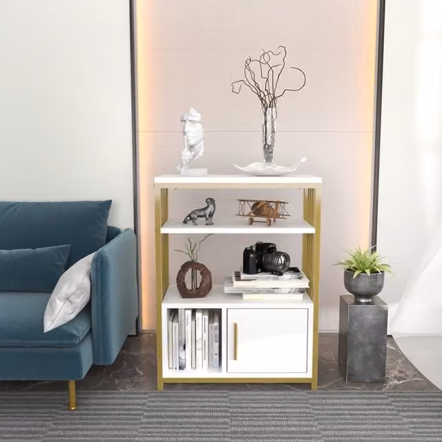 Decorotika Letos Modern Bookcase with Metal and Wood Frame in White and Gold