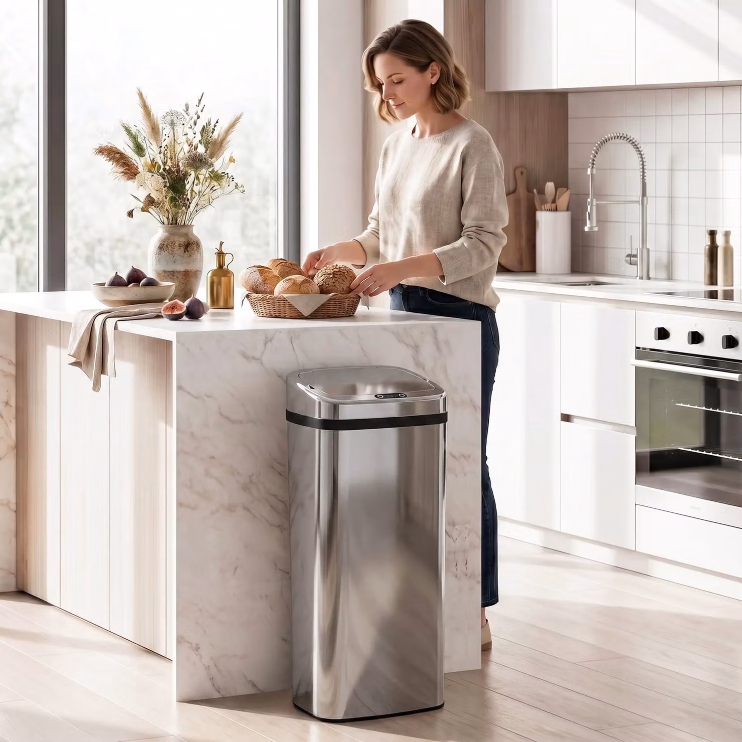 HOMCOM 50L Infrared Touchless Automatic Motion Sensor Dustbin in Silver Stainless Steel – 2