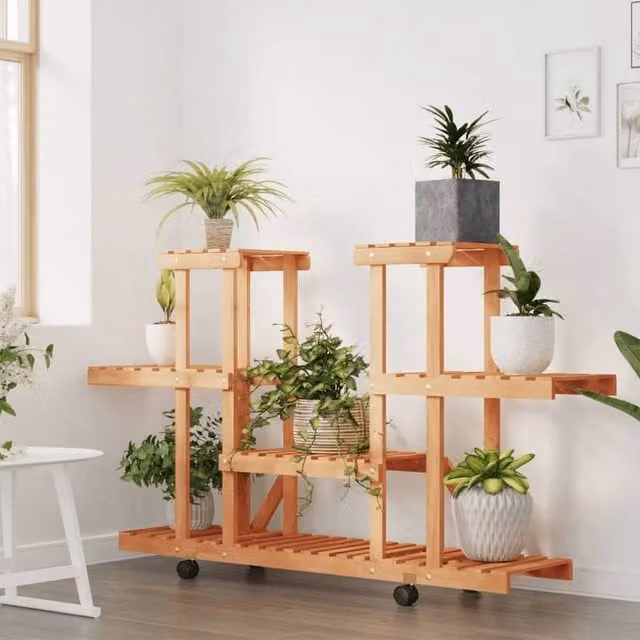 Berkfield Home Elegant Flower Stand with Wheels in Brown Solid Wood, W/D/H: 110 x 25 x 78 cm