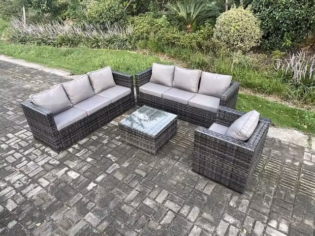 Fimous 7 Seater Rattan Garden Furniture Set in Dark Grey with Armchairs, 3 Seater Sofa and Square Coffee Table – 1