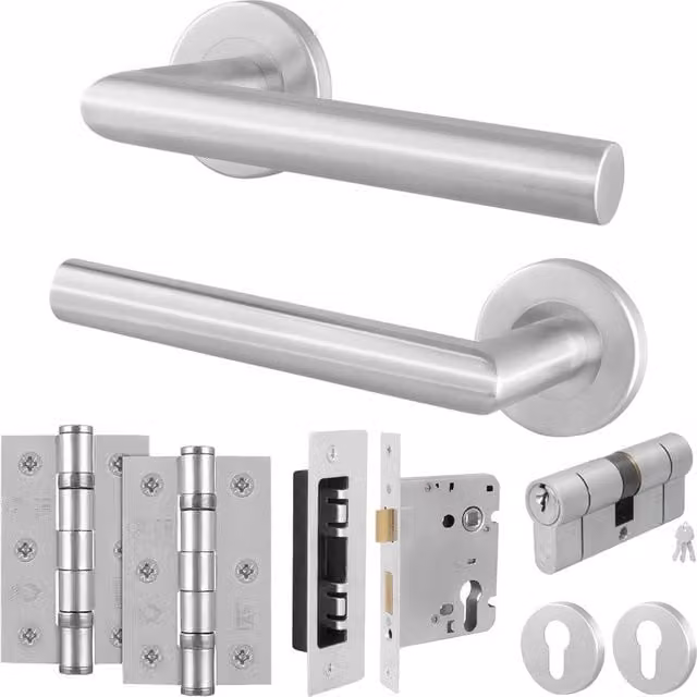 AFIT Satin Lever on Rose Euro Lock and Hinge Kit with Double Cylinder in Silver, 150 x 150 mm