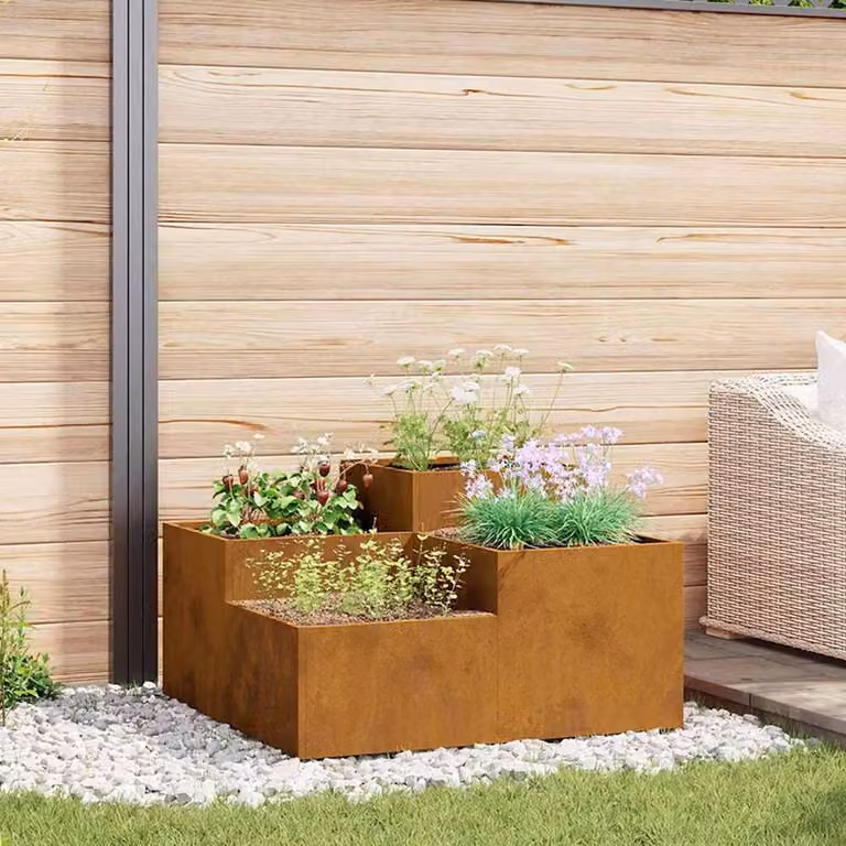 Berkfield Home Steel Garden Planter Tub in Brown and Multicolour, W/D/H: 100 x 100 x 48 cm