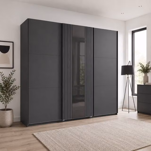 Atlanta Graphite 300cm Sliding Door Wardrobe with Mirror in Grey