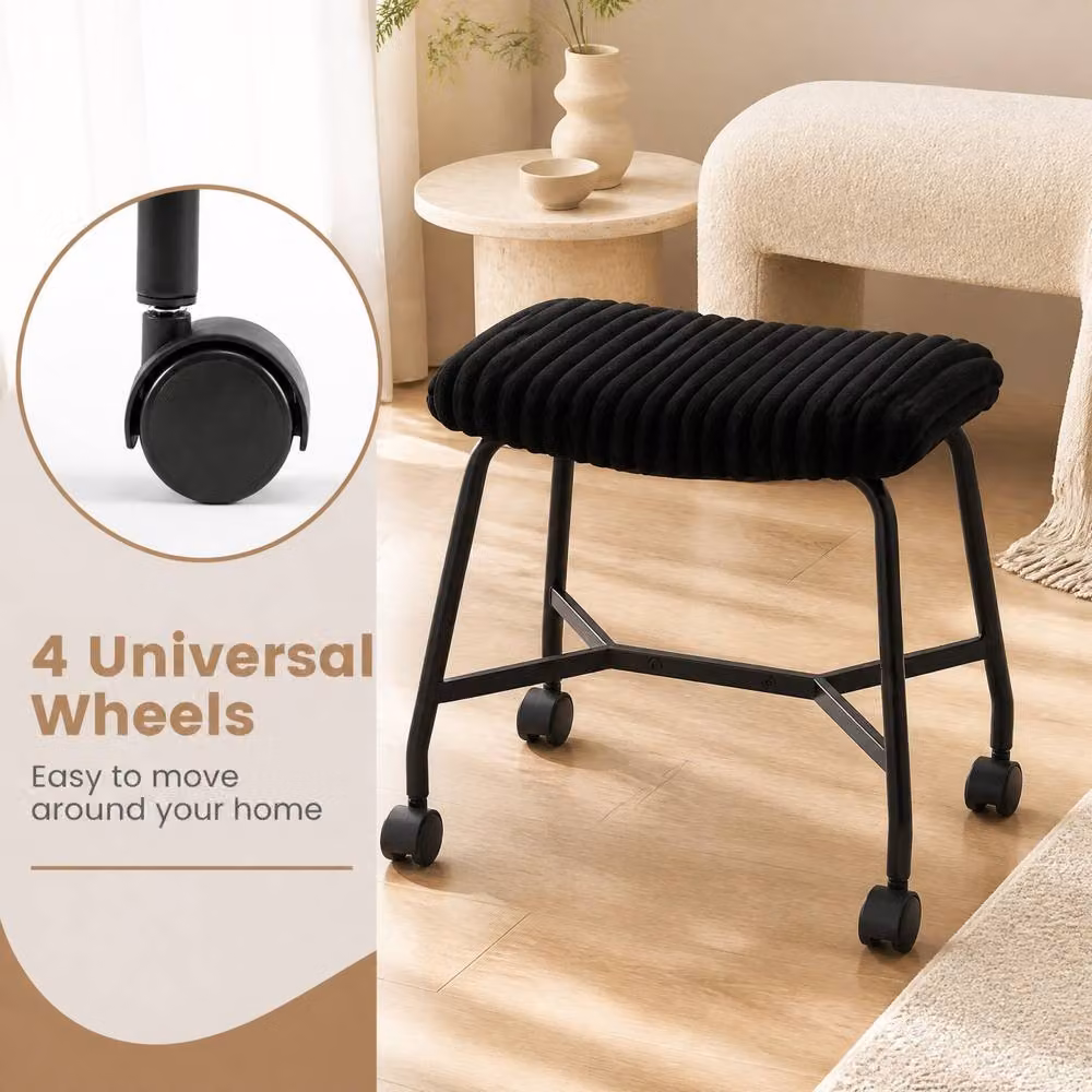 Gymax Set of 2 Upholstered Footrest Stools, Black Portable Accent Ottomans with Metal Frame and Castors – 5