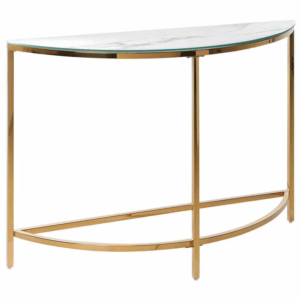 Wyld and Coco Half Moon Console Table with White Matte Tempered Glass Top and Gold Metal Frame – 2