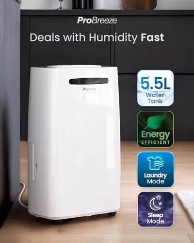 Pro Breeze 20L Dehumidifier in White with Continuous Drainage, Timer and Hygrostat – 3
