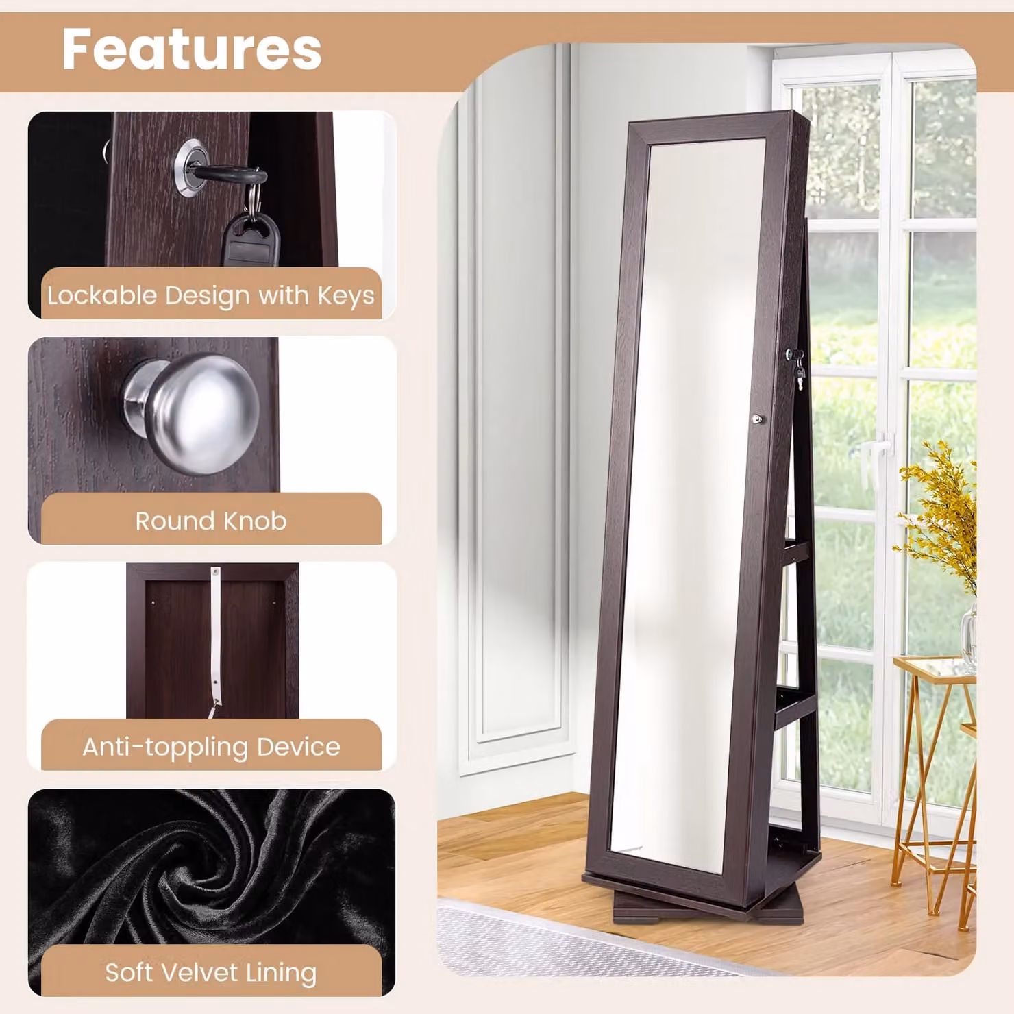 Gymax 360 Rotating Jewelry Armoire with Full Length Mirror in Brown – 5