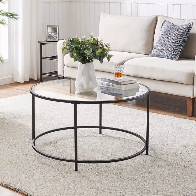 VASAGLE Modern Round Glass Coffee Table with Storage, White and Gold