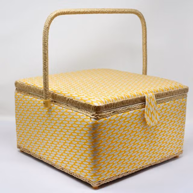 Korbond Extra Large Sewing Basket in Yellow Leaf Yellow and Grey