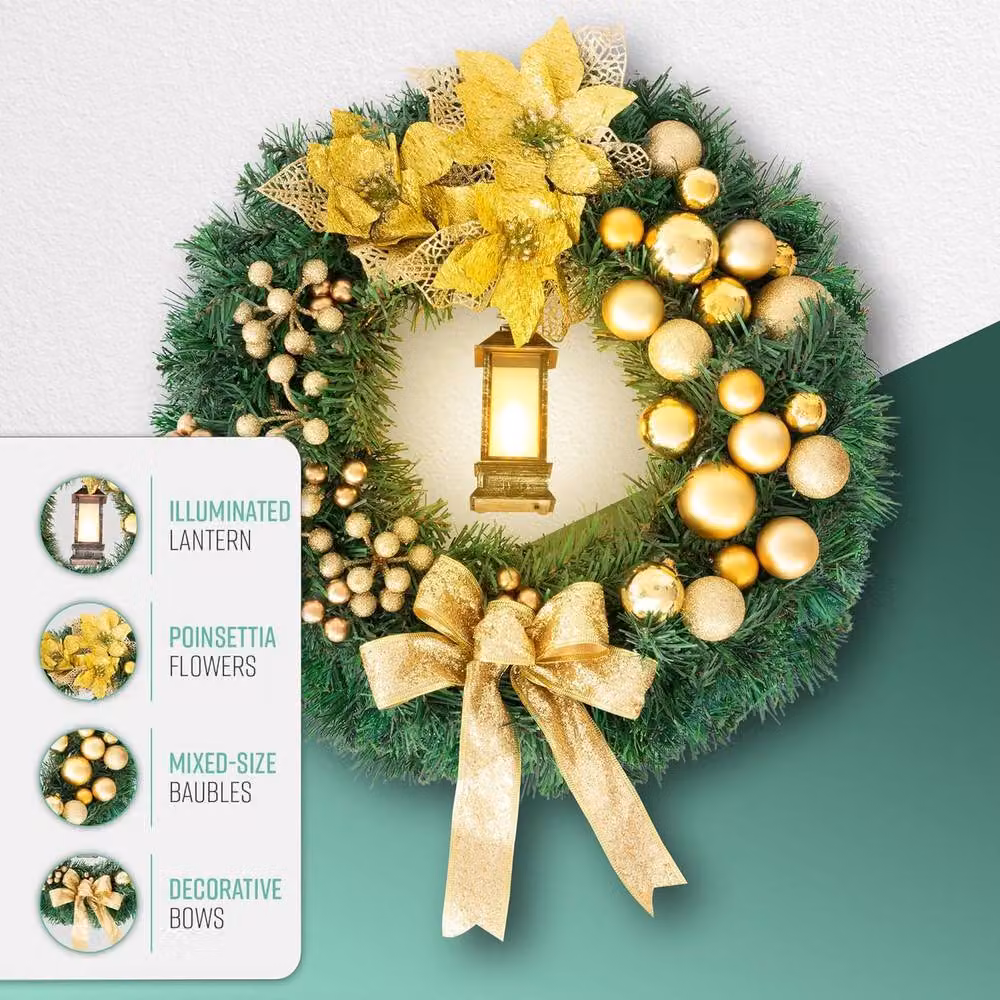 Globrite Yellow Christmas Wreath with Bows, Baubles and Lantern, Diameter: 40 cm – 6