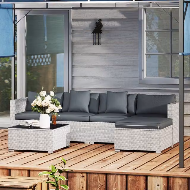 Outsunny Modern Rattan Garden Patio Furniture Set in Grey with Glass Table