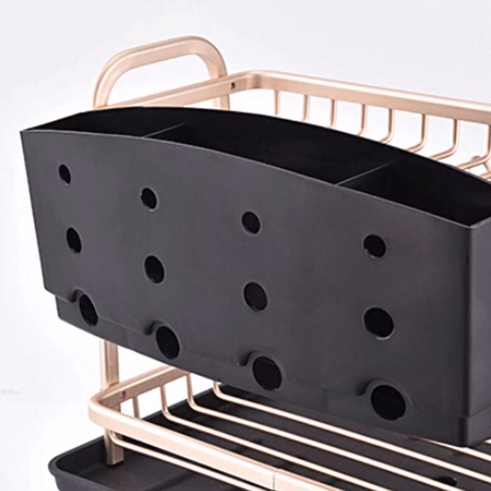 Garden Sanctuary 2 Tier Dish Drying Rack with Drip Tray and Cutlery Holder in Rose Gold – 3