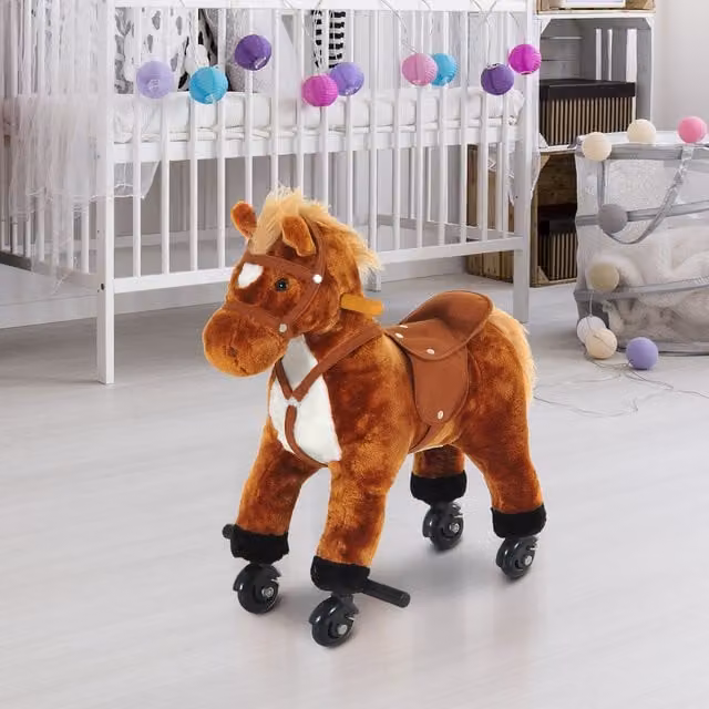 HOMCOM Interactive Brown Plush Rocking Horse Sensory Toy with Sound