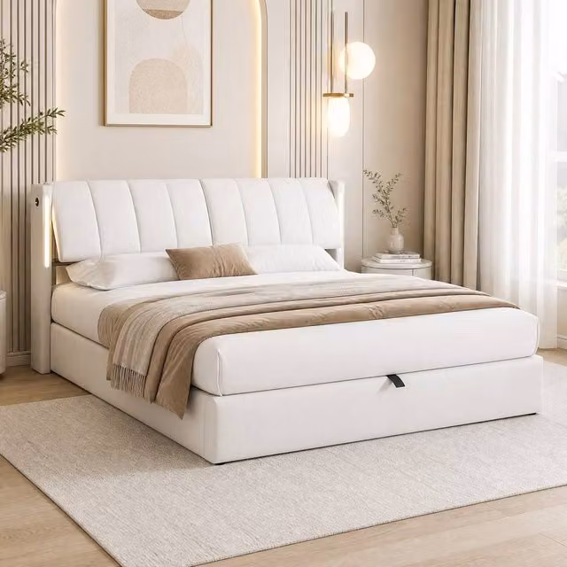 STILVORA Super King Upholstered Bed Frame in White with USB Charging Port, LED Lighting, Reading Light and Lift-Up Storage W/D/H: 200 x 189 x 103 cm – 1