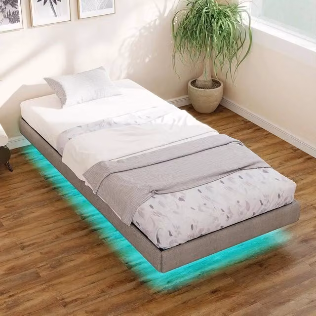 NESTLUNE Heavy Duty Steel Slat Platform Bed Frame with Under-Bed LED Lighting, Grey, W/D/H: 90 x 190 cm – 1