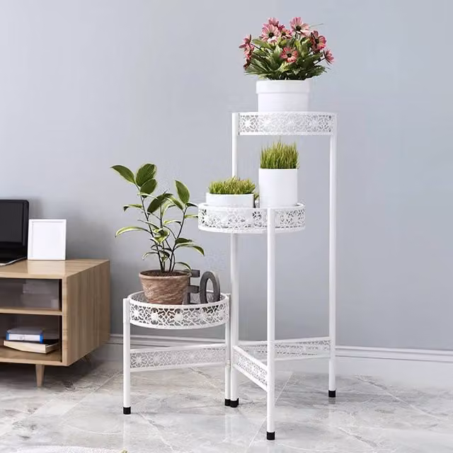 Living and Home 3-Tier Rotating Metal Plant Stand Display Shelf in White