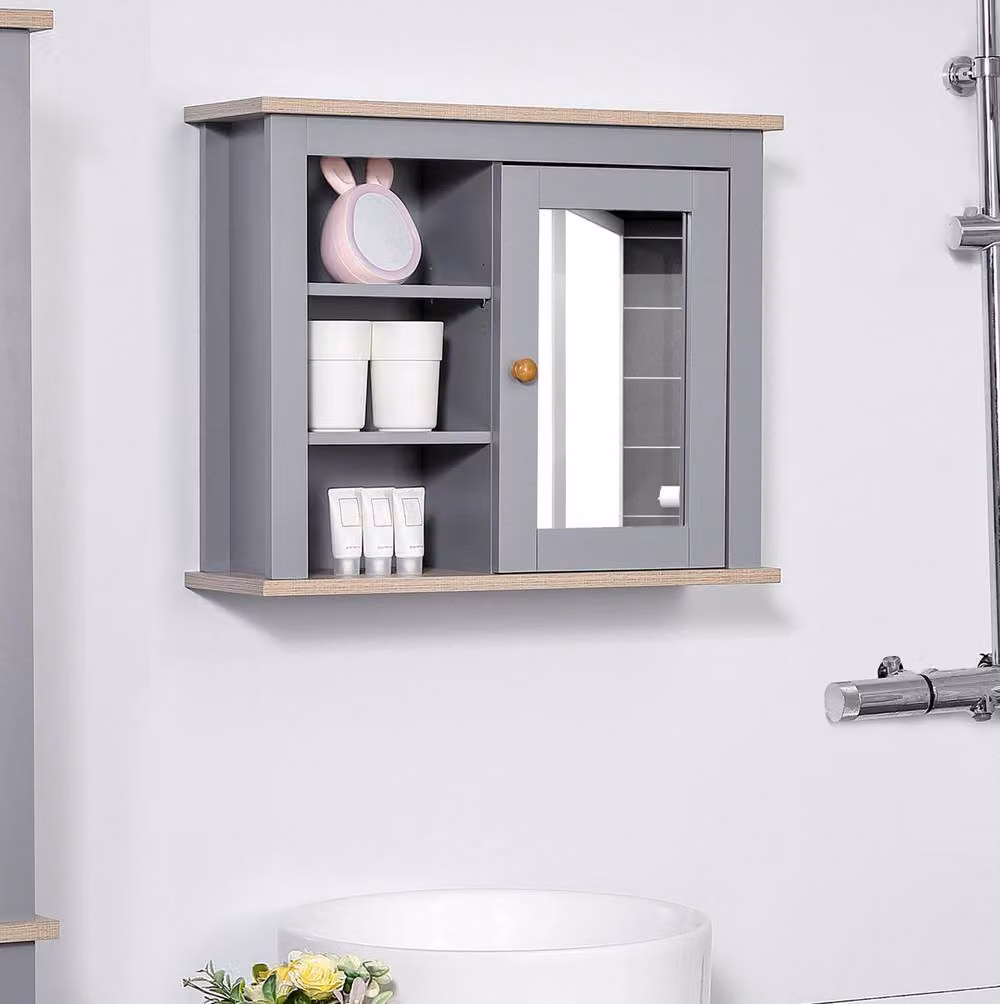 STILVORA Grey Wall Mounted Bathroom Mirror Cabinet with Internal Shelves and Hinged Doors – 3
