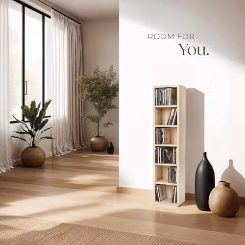 tectake CD Storage Unit in Beech Wood Look with 6 Adjustable Shelves, W/D/H: 113.0 x 26.5 x 26.5 cm – 4