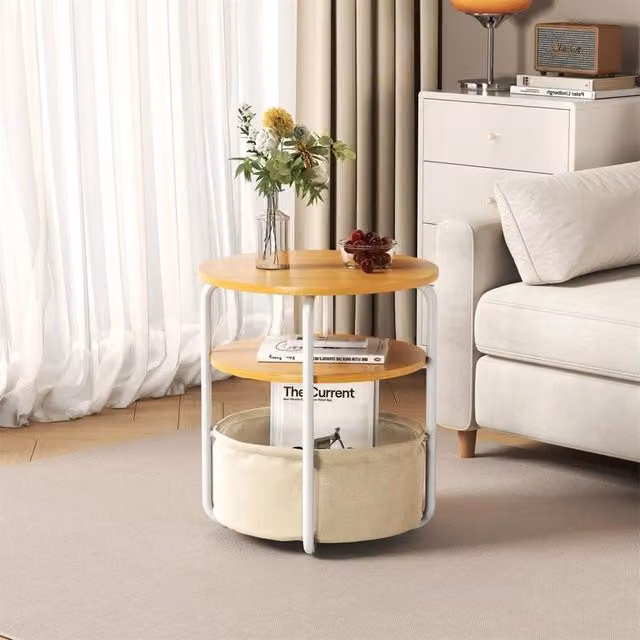 VOGREX 3-Tier Round Side Table with Removable Beige Fabric Basket in Natural Wood – 1