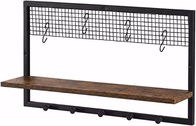 SPOT ON DEALZ Industrial Rustic MDF Wall Mounted Shelf with Black Metal Wire Frame and Hooks, W: 63 cm, H: 35 cm, D: 16.6 cm