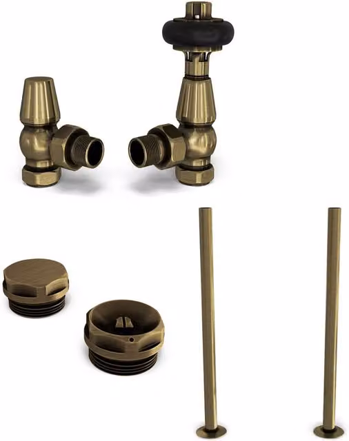 UK Radiators Signature Wooden Head Thermostatic Radiator Valve and Lockshield Installation Kit in Antique Brass