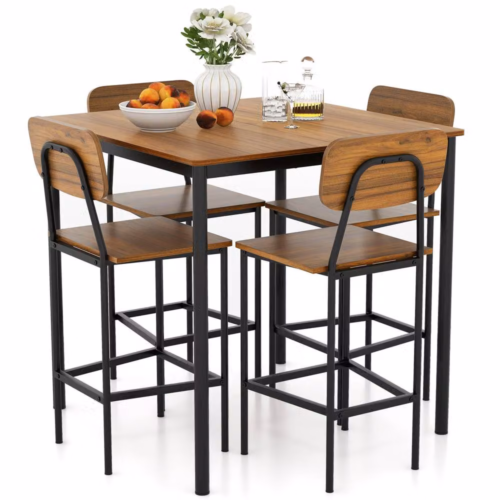 Gymax Industrial Dining Table Set with 4 Bar Stools in Brown – 8