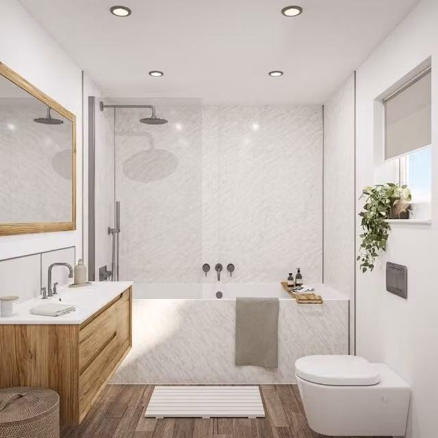Wetwall Carrara Marble Stone Look Laminate Wall Panel with Tongue and Groove, W: 118.5 cm, H: 242.0 cm, D: 1.1 cm, White