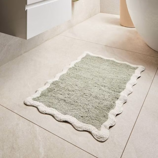 Wyld and Coco Geometric Cotton Bath Mat in Green and Beige, W: 60 cm, D: 90 cm