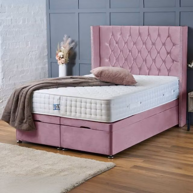 BSSPOKE Olivia Ottoman Divan Bed in Pink Plush Velvet with 54 inch Headboard, Small Double, W/D/H: 120 x 200 cm