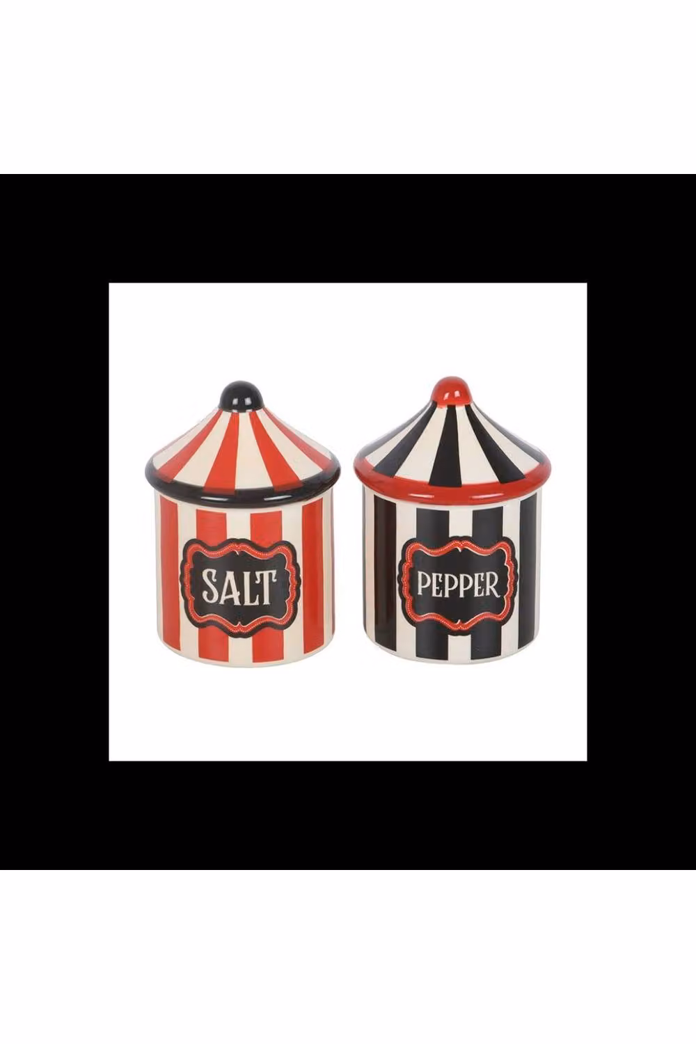 KDMD Circus Tent Red and Black Striped Ceramic Salt and Pepper Shakers – 2