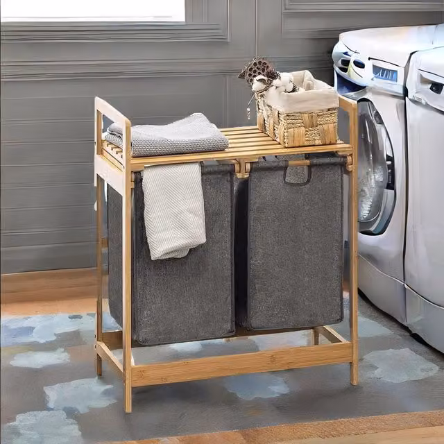 Rafaelo Mobilia Bamboo Pull Out Double Laundry Basket with Shelf in Grey and Natural – 1