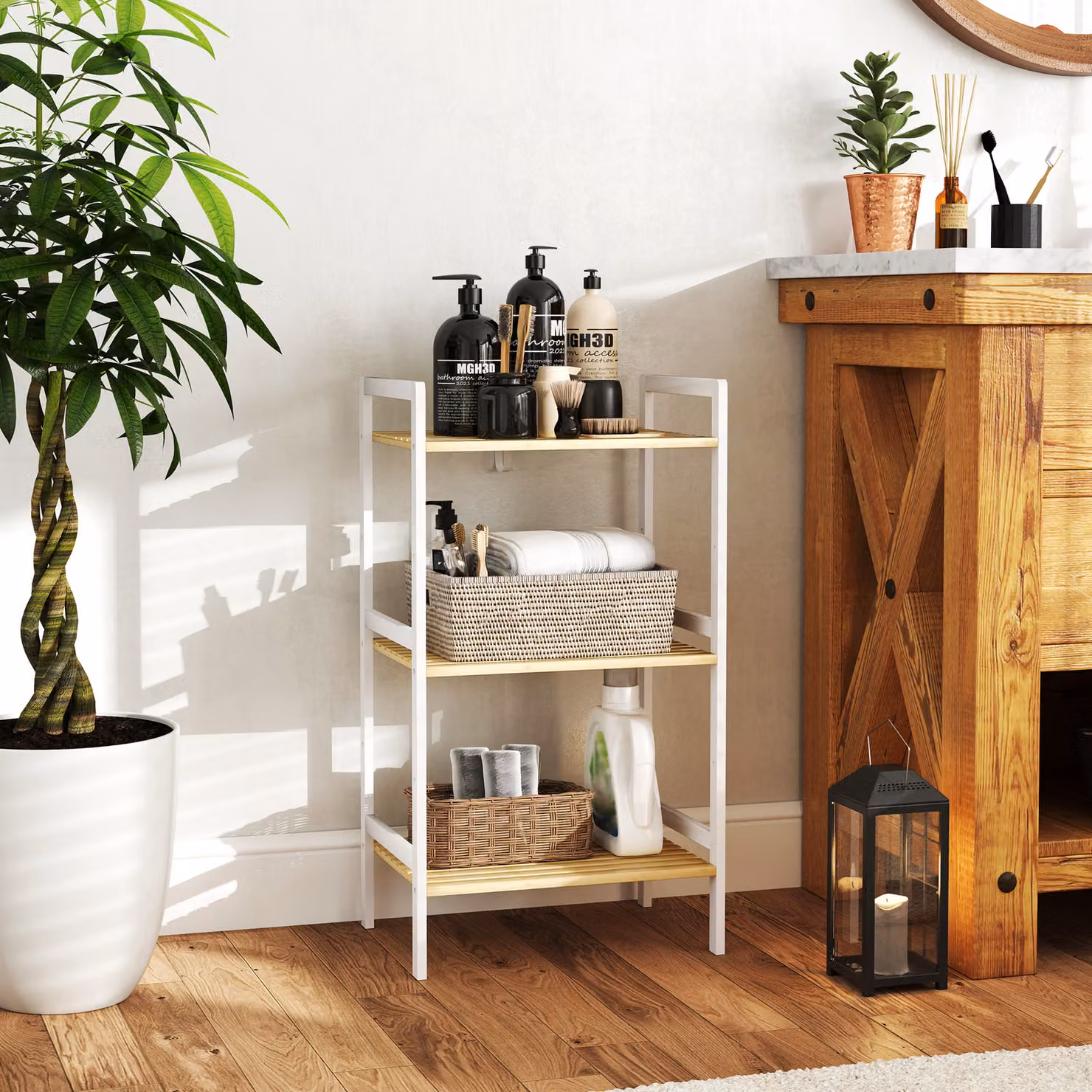 HOMCOM Three-Tier Bamboo Adjustable Shelf Storage Unit in Brown or White – 2