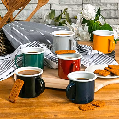 Argon Tableware Enamel Mugs, Set of 6, Blue, Green or White, 375ml – 4