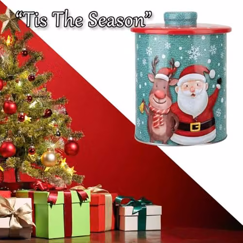 VFM e-Store Christmas Biscuit Tin Santa Themed Design, Multicolour, Diameter: 15.5 cm – 5