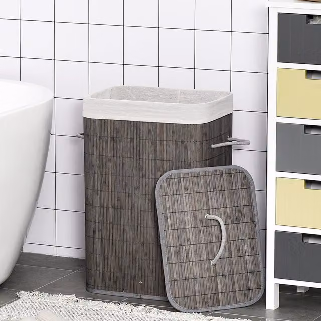 HOMCOM Collapsible Laundry Basket Hamper with Flip Lid and Removable Bag in Grey – 1