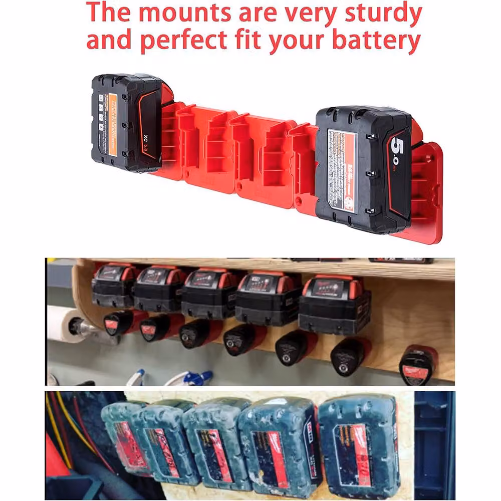 VOGREX Red Wall Mounted Battery Storage Holder for Milwaukee M18 18V Batteries – 4