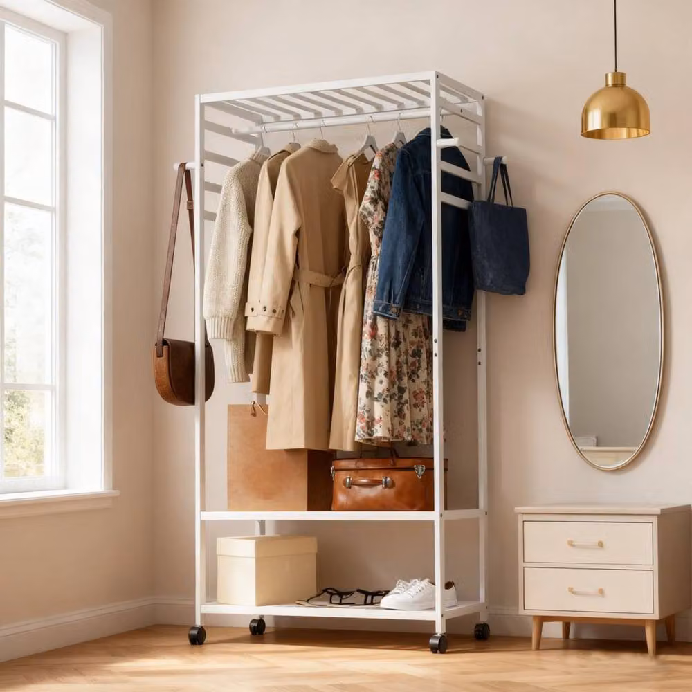 FLAVORA White Rolling Garment and Shoe Storage Rack with Dual Hook and Rail Matrix – 4