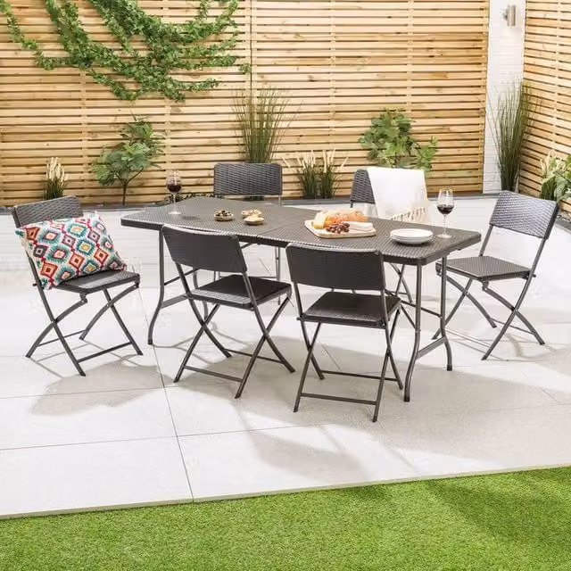 NESTLUNE 6 Seater Grey Rattan Effect Garden Dining Set