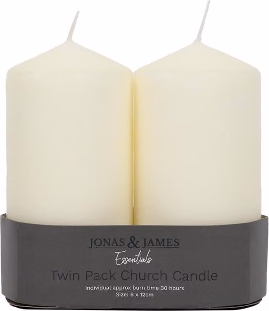 Jonas & James Pack of 2 Natural Beige Church Candles, H: 12.0 cm, W: 6.0 cm
