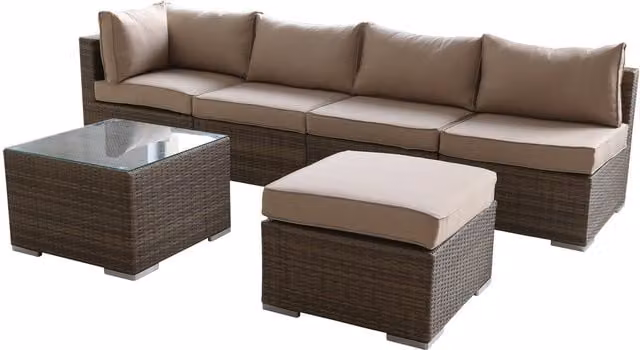 Furniture One 6 Piece L-Shape Polyrattan Patio Corner Sofa Set with Coffee Table and Ottoman in Nature with Beige and Yellow Upholstered Cushions
