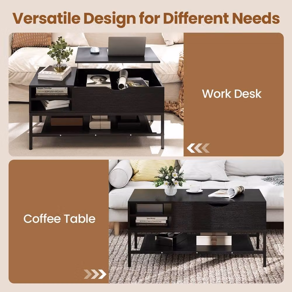 Costway Modern Rectangular Lift Top Coffee Table with Storage Shelf in Black – 9