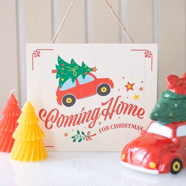 Uniqueful Coming Home for Christmas Hanging Wood Sign in Red and Multicolour